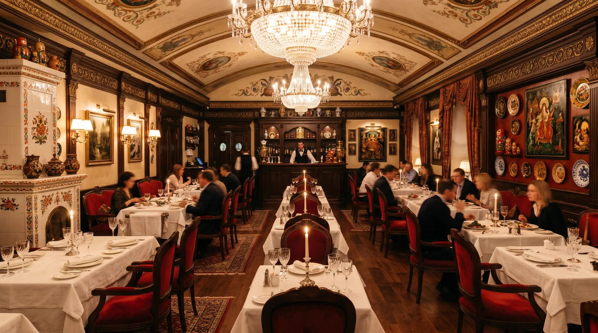 Interieur chaleureux du restaurant avec lustres en cristal, boiseries sombres et ambiance russe traditionnelle